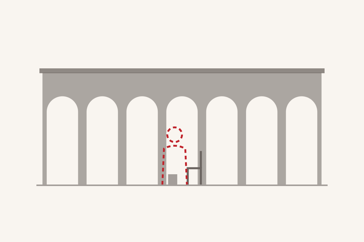 El chico que vivía bajo el puente: un puente de siete arcos y, bajo uno de ellos, una silla vieja y una figura en rojo discontinuo, casi invisible