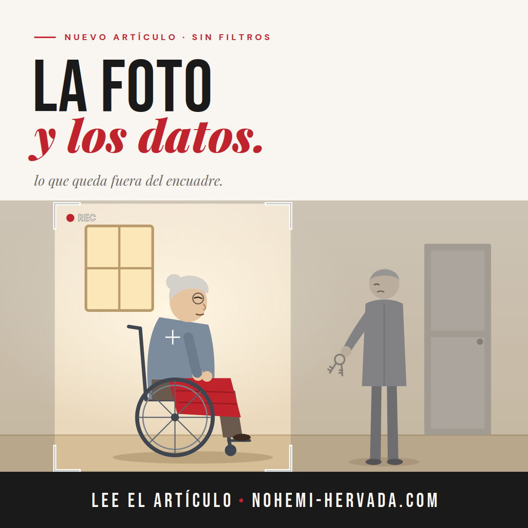 Ilustración: una cámara encuadra a una anciana en silla de ruedas mientras, fuera del plano, el propietario espera con las llaves