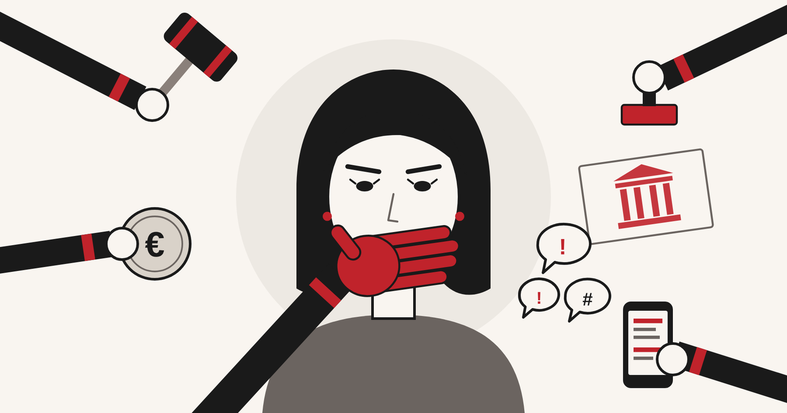 Una mujer a la que tapan la boca mientras la amenazan con un mazo judicial, un sello institucional, el dinero y las redes sociales