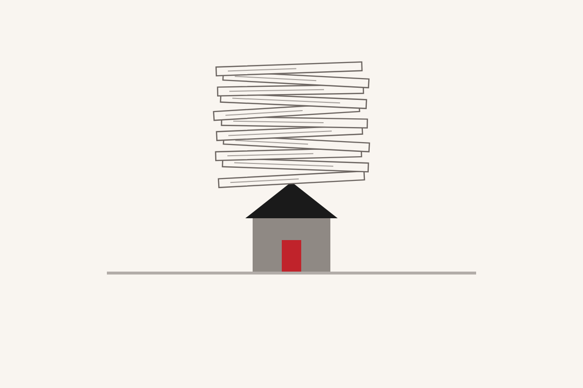 Legislar a golpe de decreto: una pila de decretos sobre una casa pequeña con la puerta en rojo