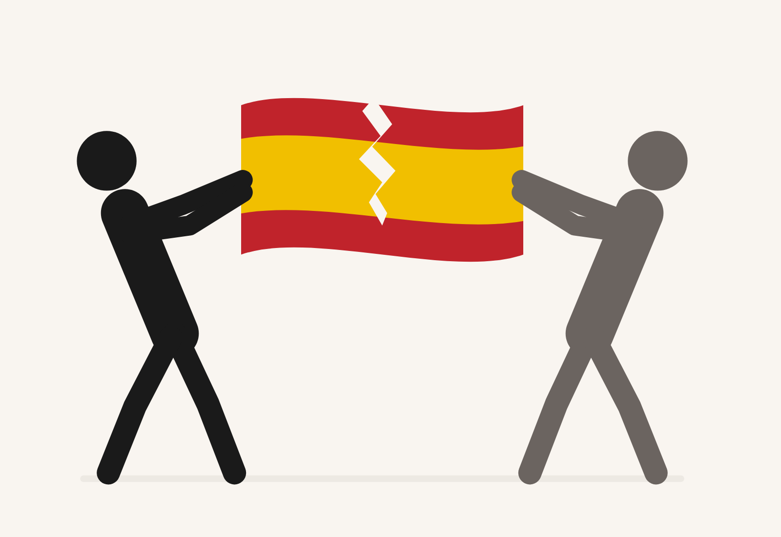 Ilustración sobre la polarización y la bandera de España: dos bandos enfrentados tirando de una misma bandera