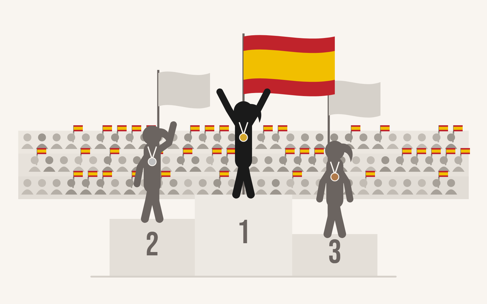 Ilustración de un podio con deportistas españolas campeonas, la bandera de España izada y la grada llena de banderas pequeñas
