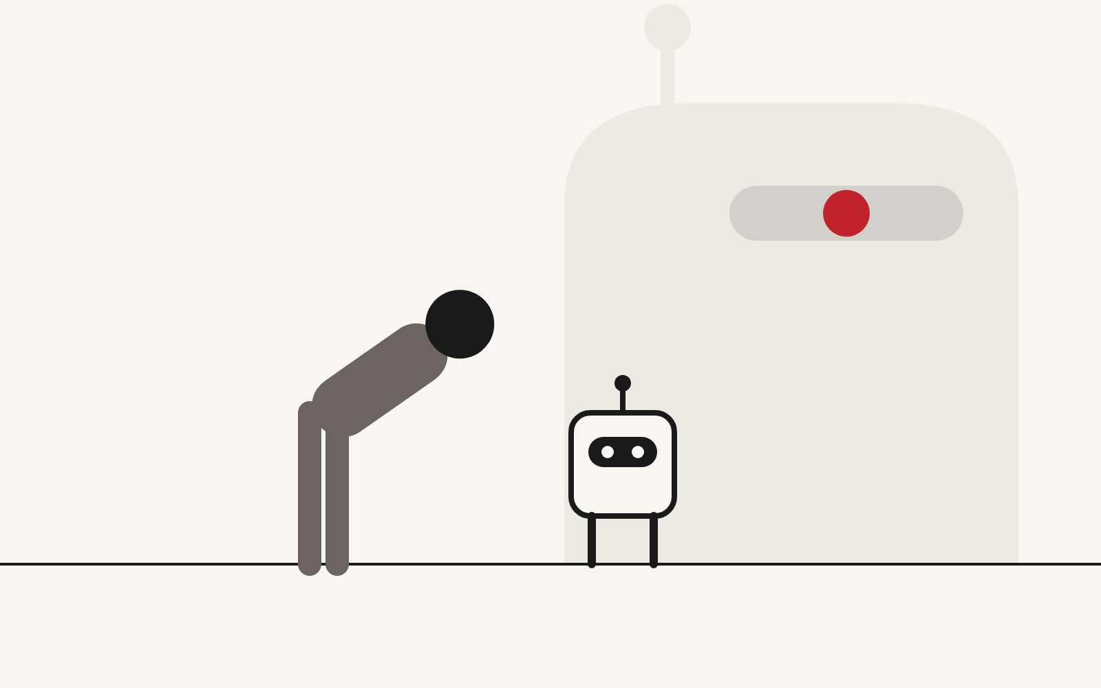 Humanizar la inteligencia artificial por miedo: una persona hace una reverencia ante un pequeño robot cuya sombra es enorme