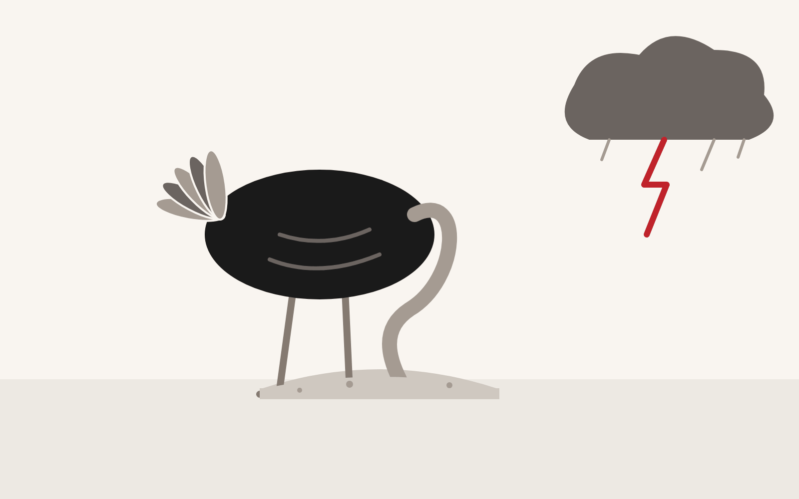 Un avestruz con la cabeza bajo la arena mientras se acerca una tormenta