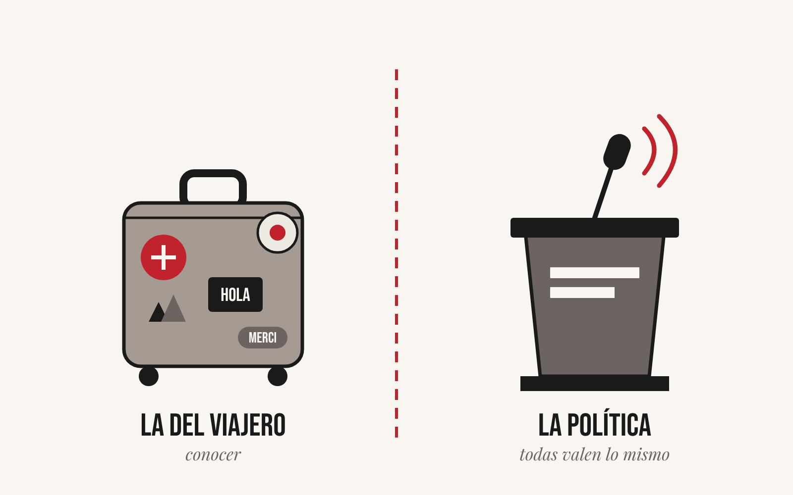 Multiculturalidad del viajero, una maleta con pegatinas, frente a la multiculturalidad política, un atril con micrófono
