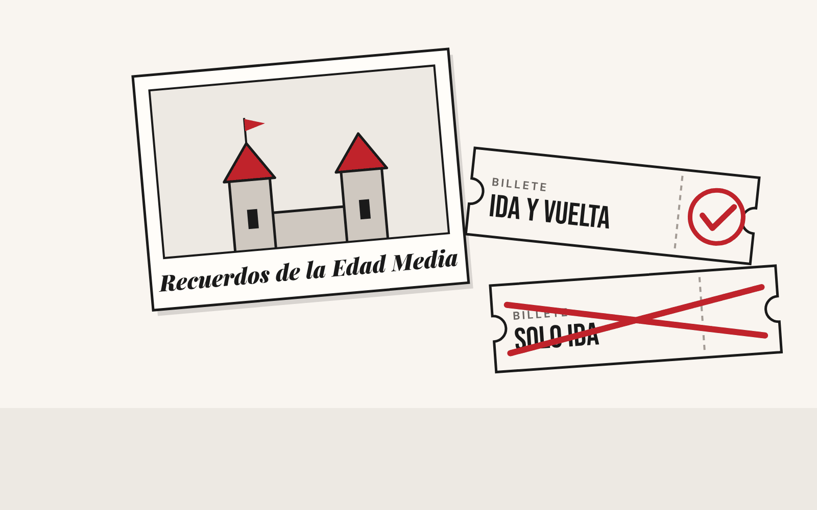 Una postal de un castillo medieval junto a un billete de ida y vuelta aprobado y uno de solo ida tachado