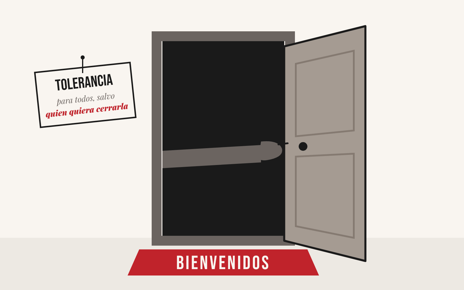 Una puerta abierta con un felpudo de bienvenida y un brazo que intenta cerrarla desde dentro