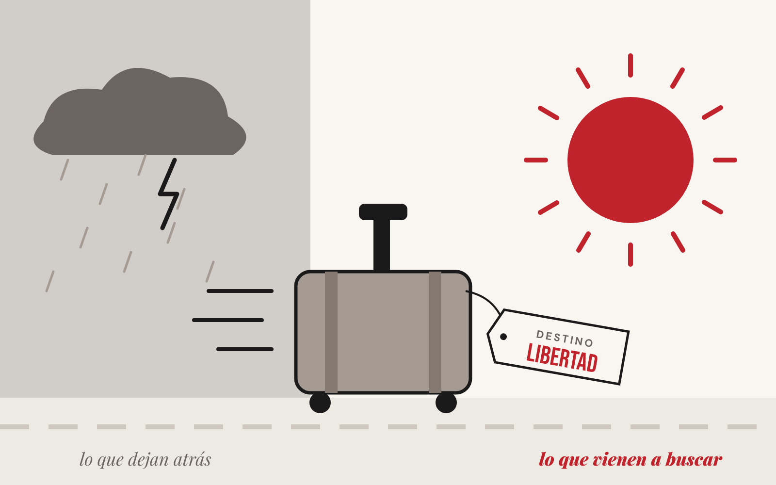 Una maleta con la etiqueta «Destino: libertad» que deja atrás una tormenta y va hacia el sol