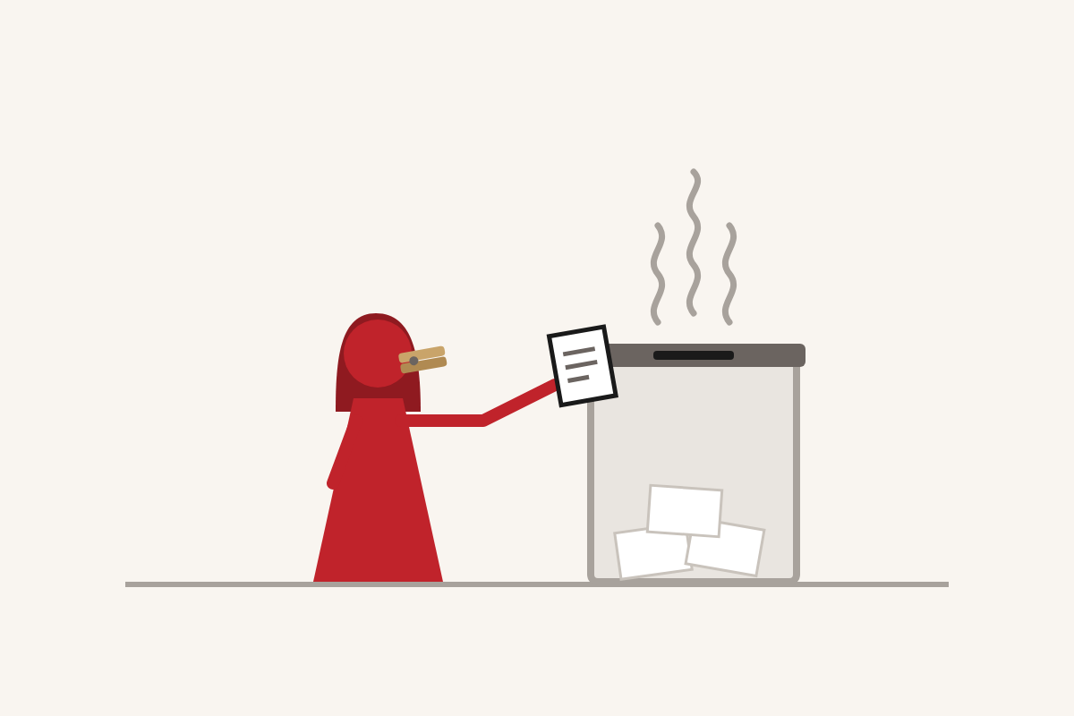 Votar con la nariz tapada: una figura roja con una pinza en la nariz mete la papeleta en una urna de la que sale mal olor