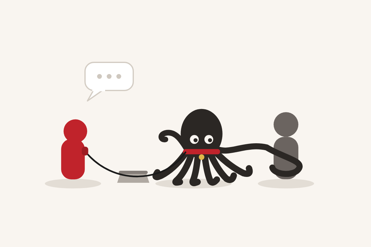 Aceptar pulpo como animal de compañía en la pareja: una figura roja sujeta con resignación la correa de un pulpo que se enrosca en su pareja
